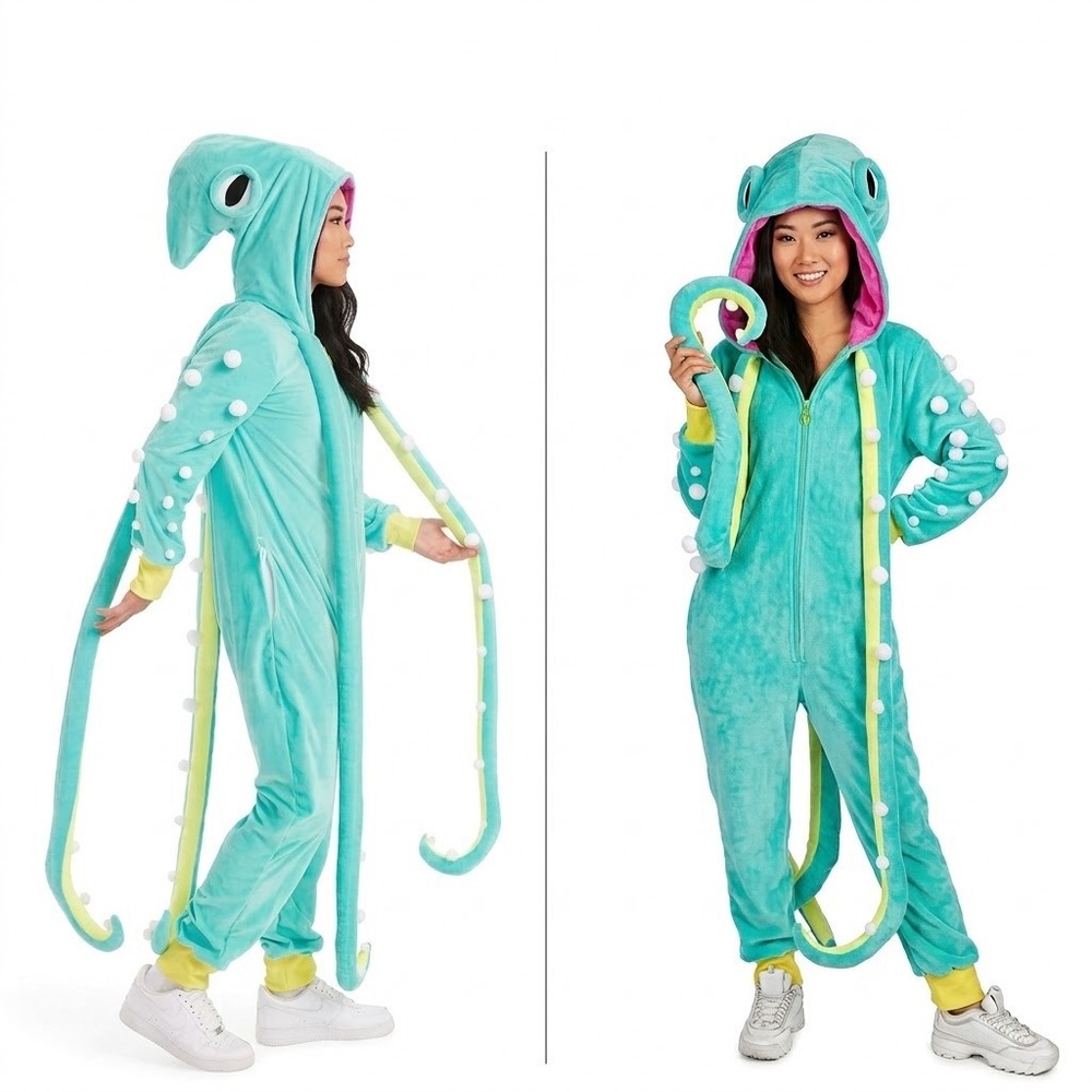 Tipsy Elves Teal Octopus Costume Plush Fleece Hooded Jumpsuit with Tentacles S